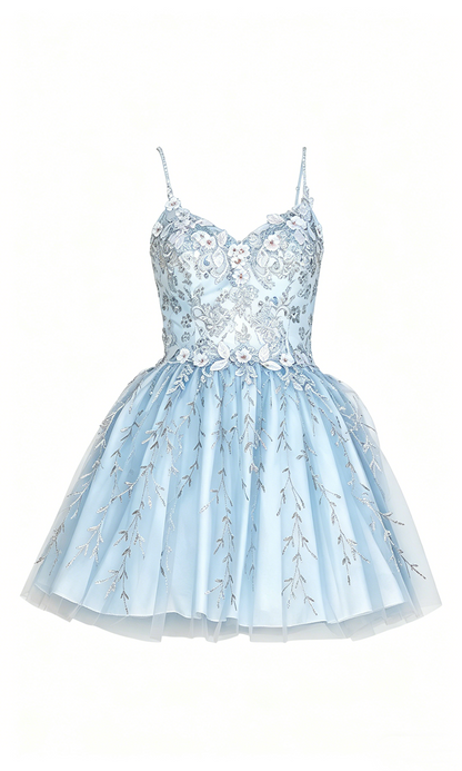 Cute Dusty Blue Lace Applique Spaghetti Straps Homecoming Dress A-Line Tulle Mini Gown AS056