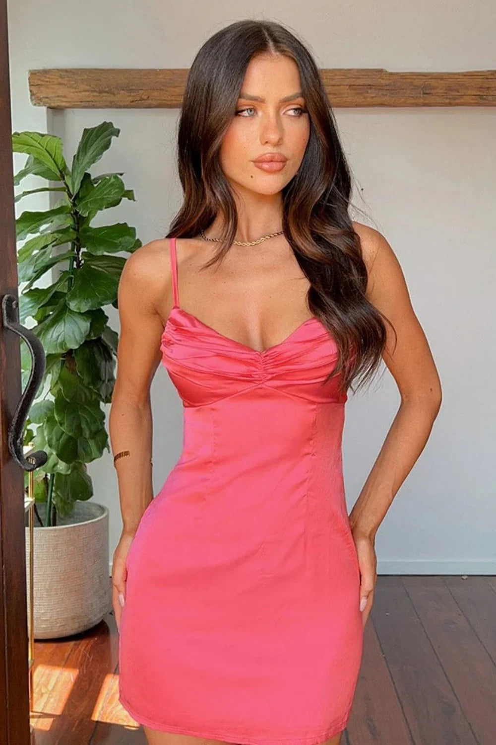 Chic Coral Satin Slip Mini Dress with Ruched Bodice AS057