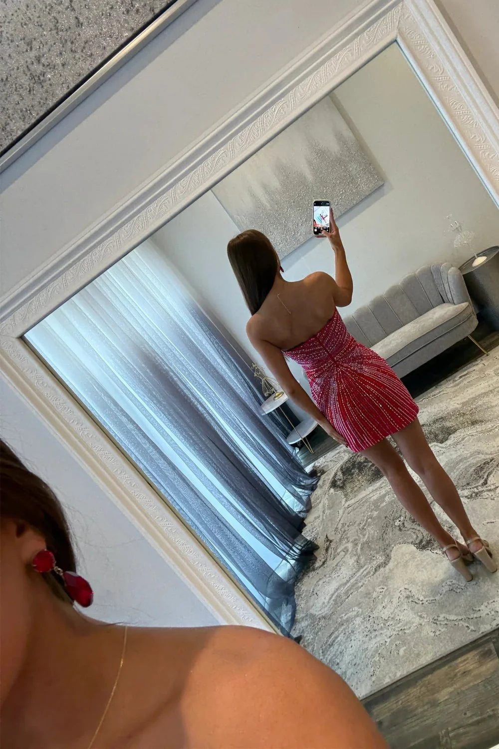 Shiny Bodycon Strapless Zipper Back Short Beaded Homecoming Dress with Slit AS058