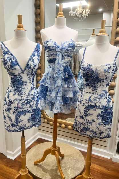 Newly A-Line Sweetheart Blue Printed Short Tiered Homecoming Dress AS059