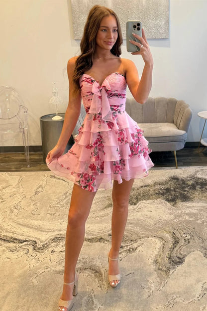 Newly A-Line Sweetheart Blue Printed Short Tiered Homecoming Dress AS059