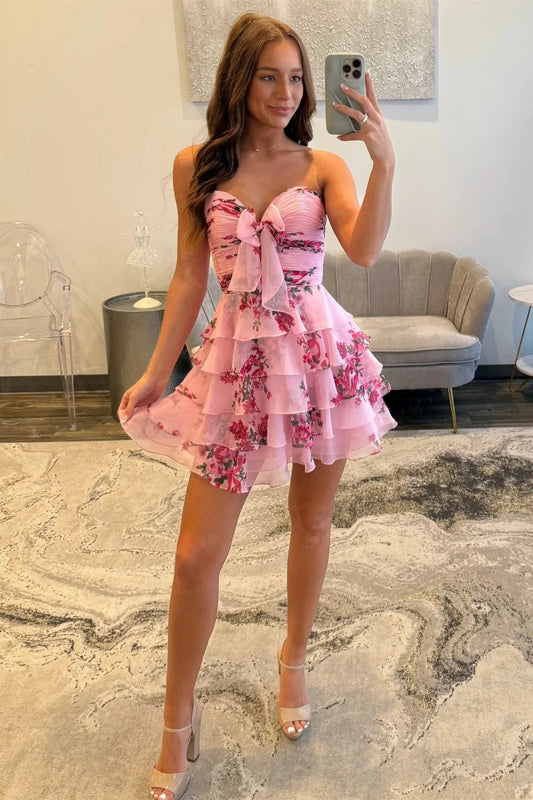 Newly A-Line Sweetheart Blue Printed Short Tiered Homecoming Dress AS059
