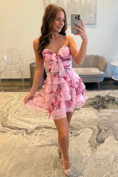 Newly A-Line Sweetheart Blue Printed Short Tiered Homecoming Dress AS059