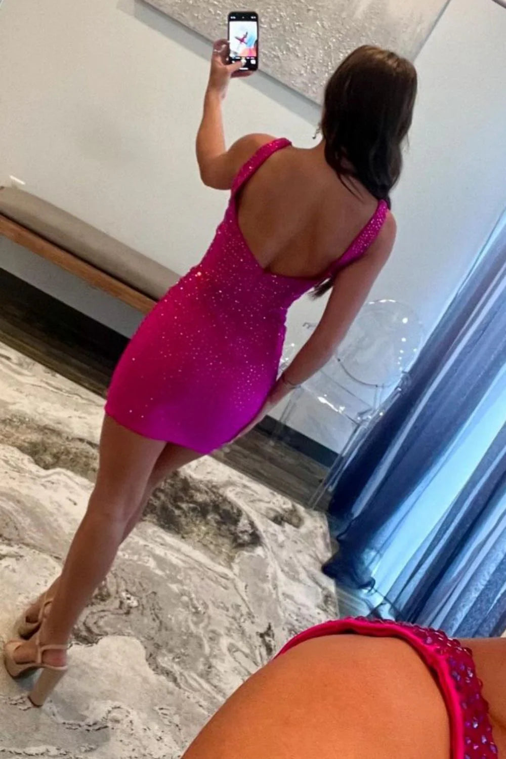 Stunning Fuchsia Bodycon Dress with Deep V-Neck and Glitter Details Homecoming Dress AS060