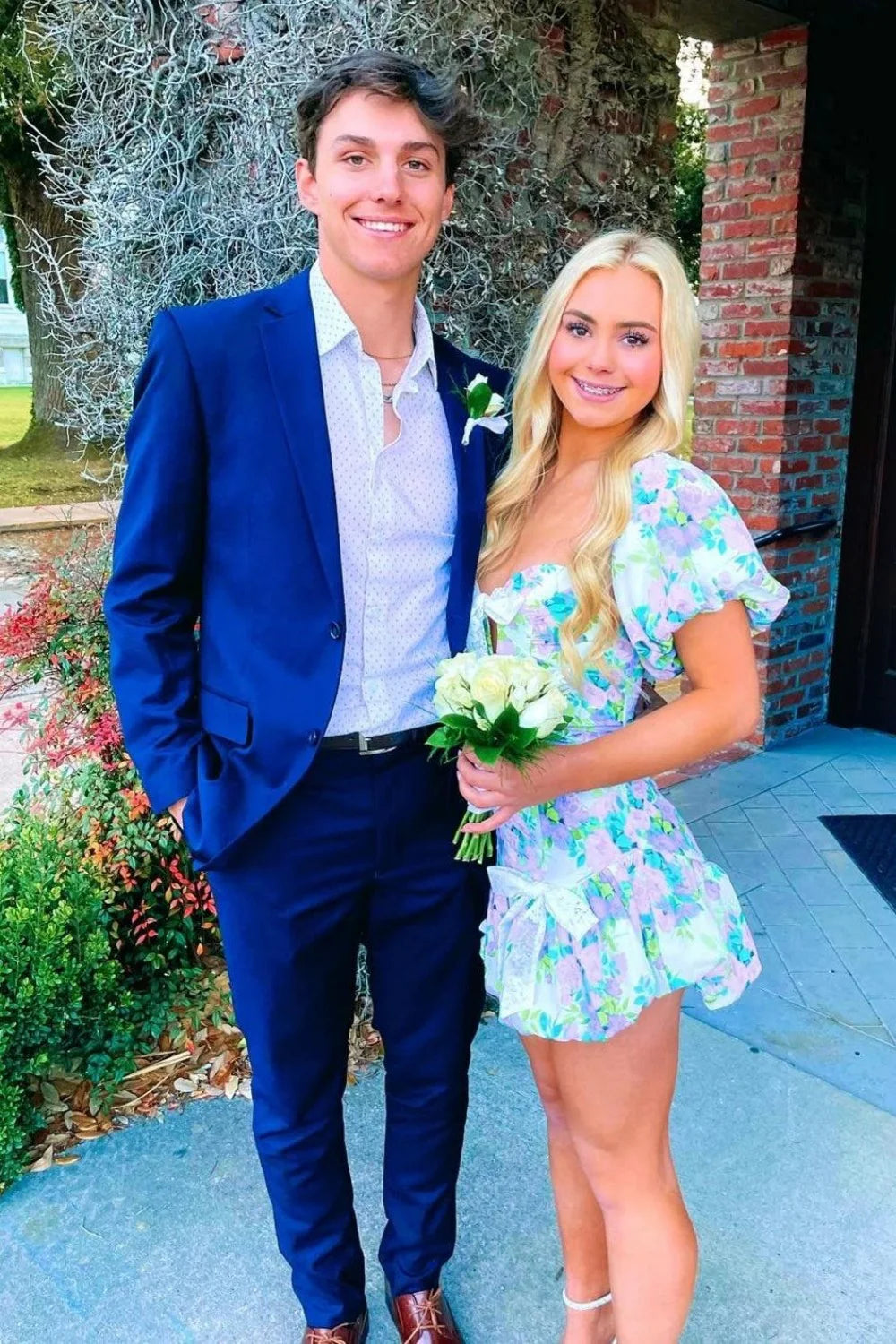 Trendy A Line Sweetheart Blue Printed Short Homecoming Dress with Bowknot AS061