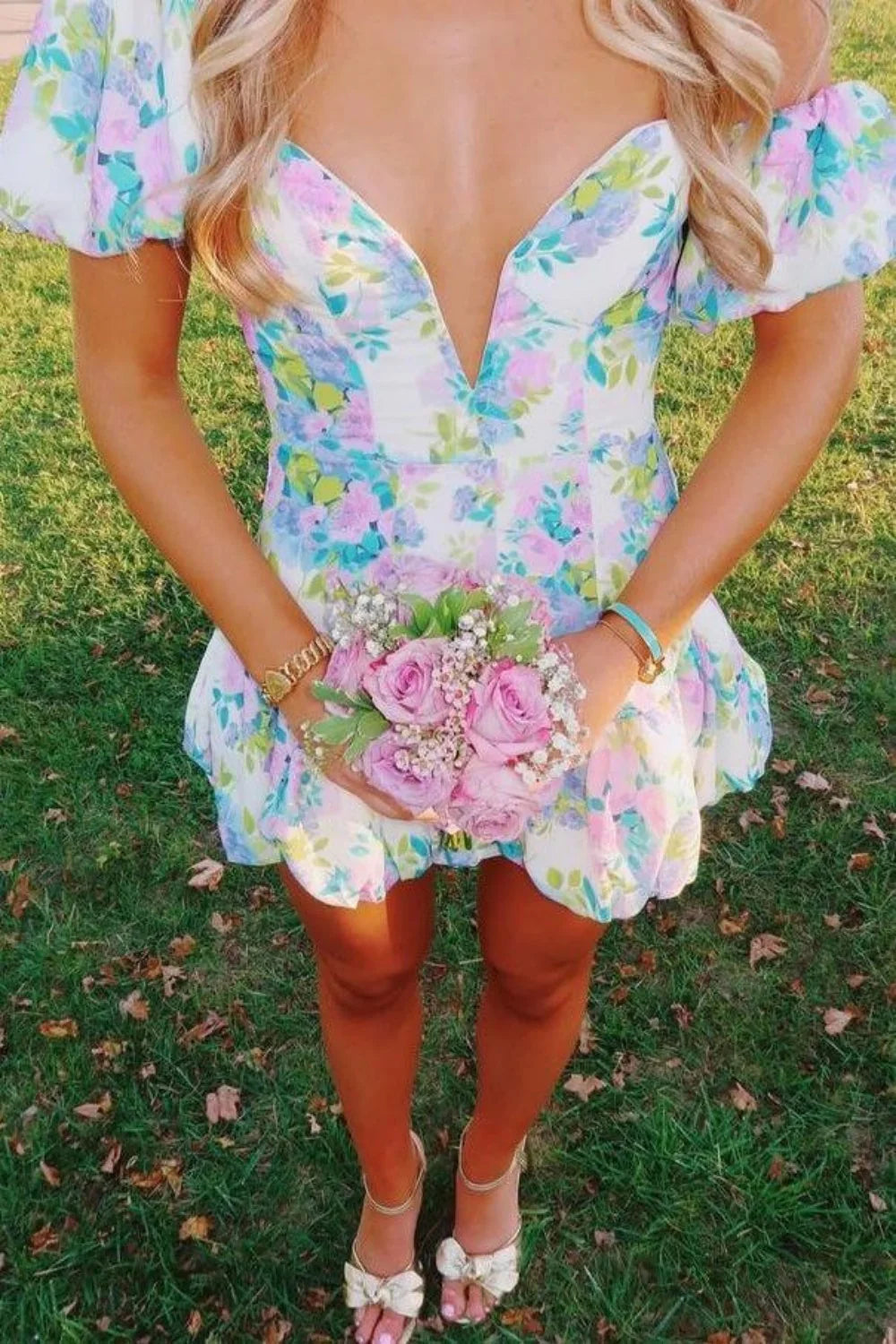 Trendy A Line Sweetheart Blue Printed Short Homecoming Dress with Bowknot AS061