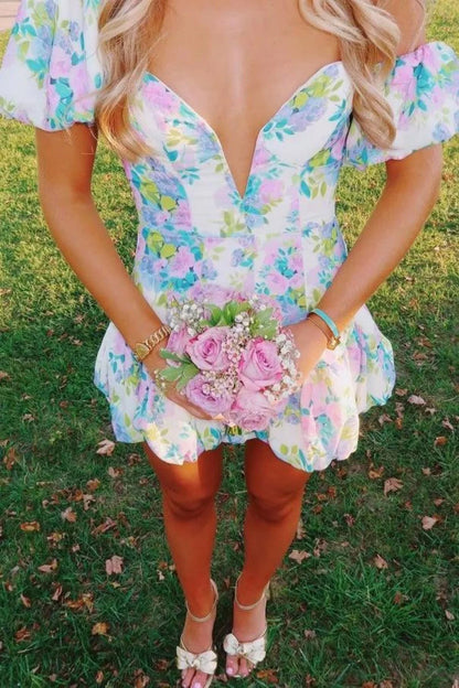 Trendy A Line Sweetheart Blue Printed Short Homecoming Dress with Bowknot AS061