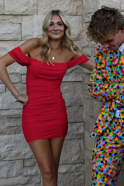 Stunning Off-the-Shoulder Ruched Bodycon Short Homecoming Dress AS063