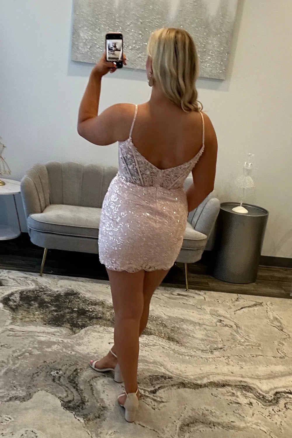 Sequin Lace Homecoming Dress with Spaghetti Straps and Keyhole Cutout AS066