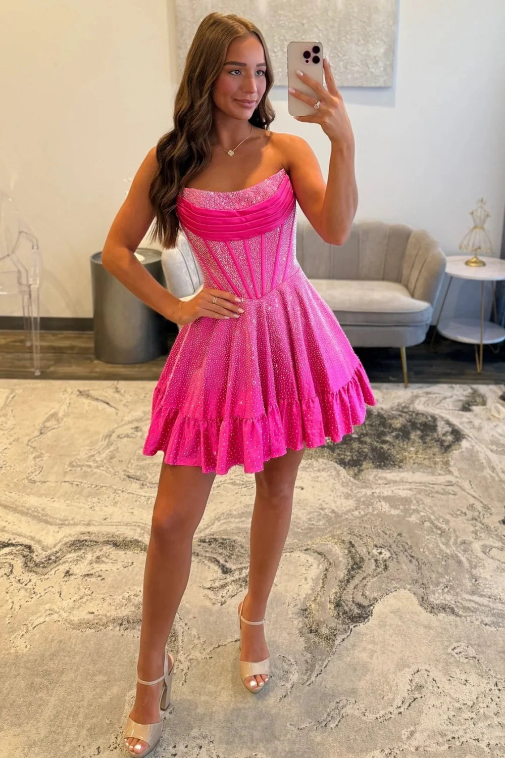 Sparkly Beading A-Line Strapless Lace Up Short Homecoming Dress AS068