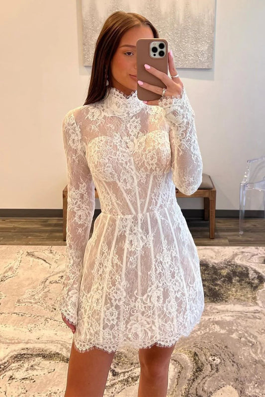White Lace A-Line Homecoming Dress with High Neck and Long Sleeves AS069