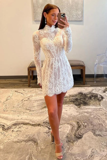 White Lace A-Line Homecoming Dress with High Neck and Long Sleeves AS069