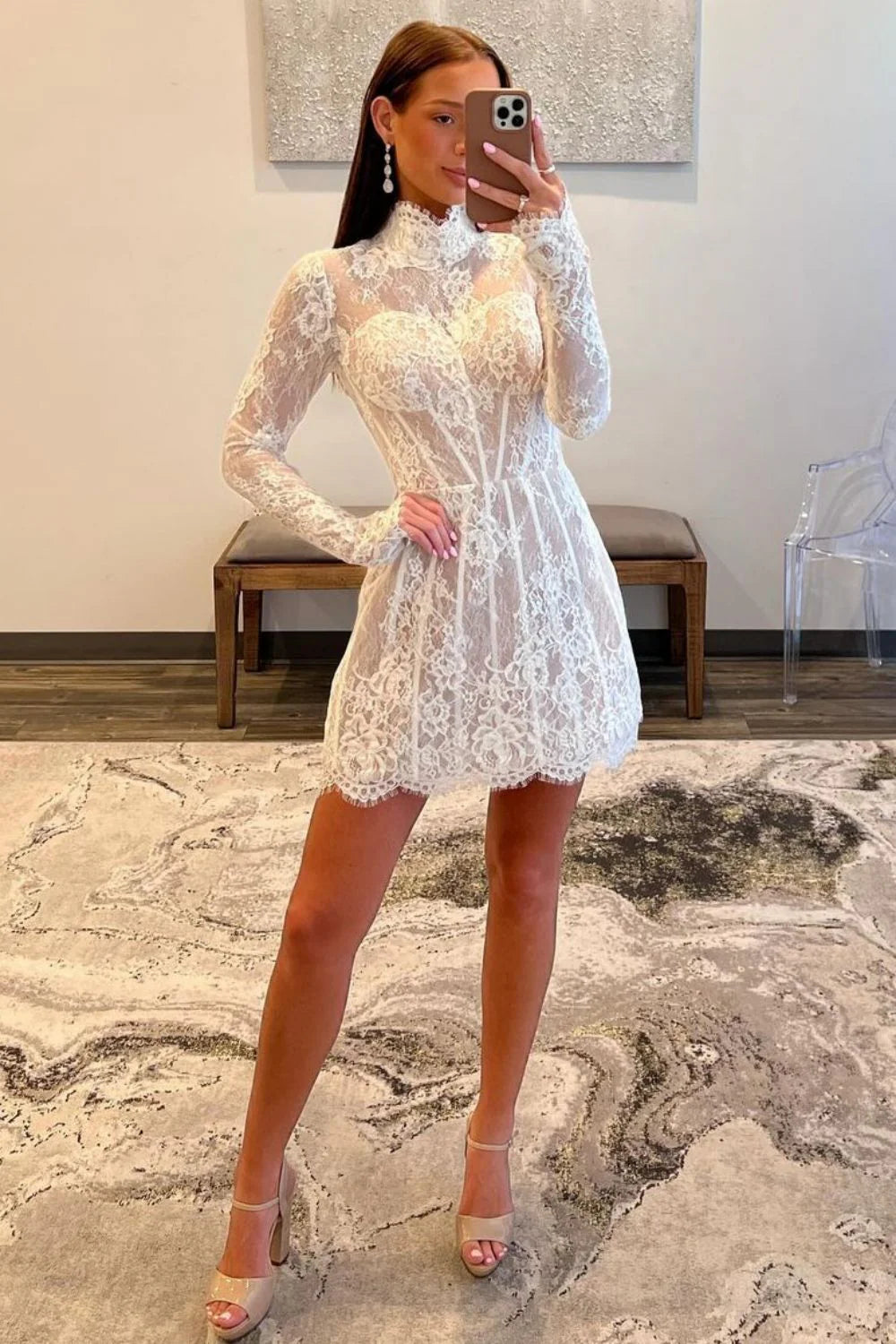 White Lace A-Line Homecoming Dress with High Neck and Long Sleeves AS069