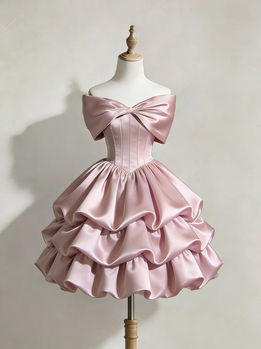 Lovely Blush Pink Satin Off The Shoulder Big Bow Tiered Ruffle A Line Homecoming Dress AS069
