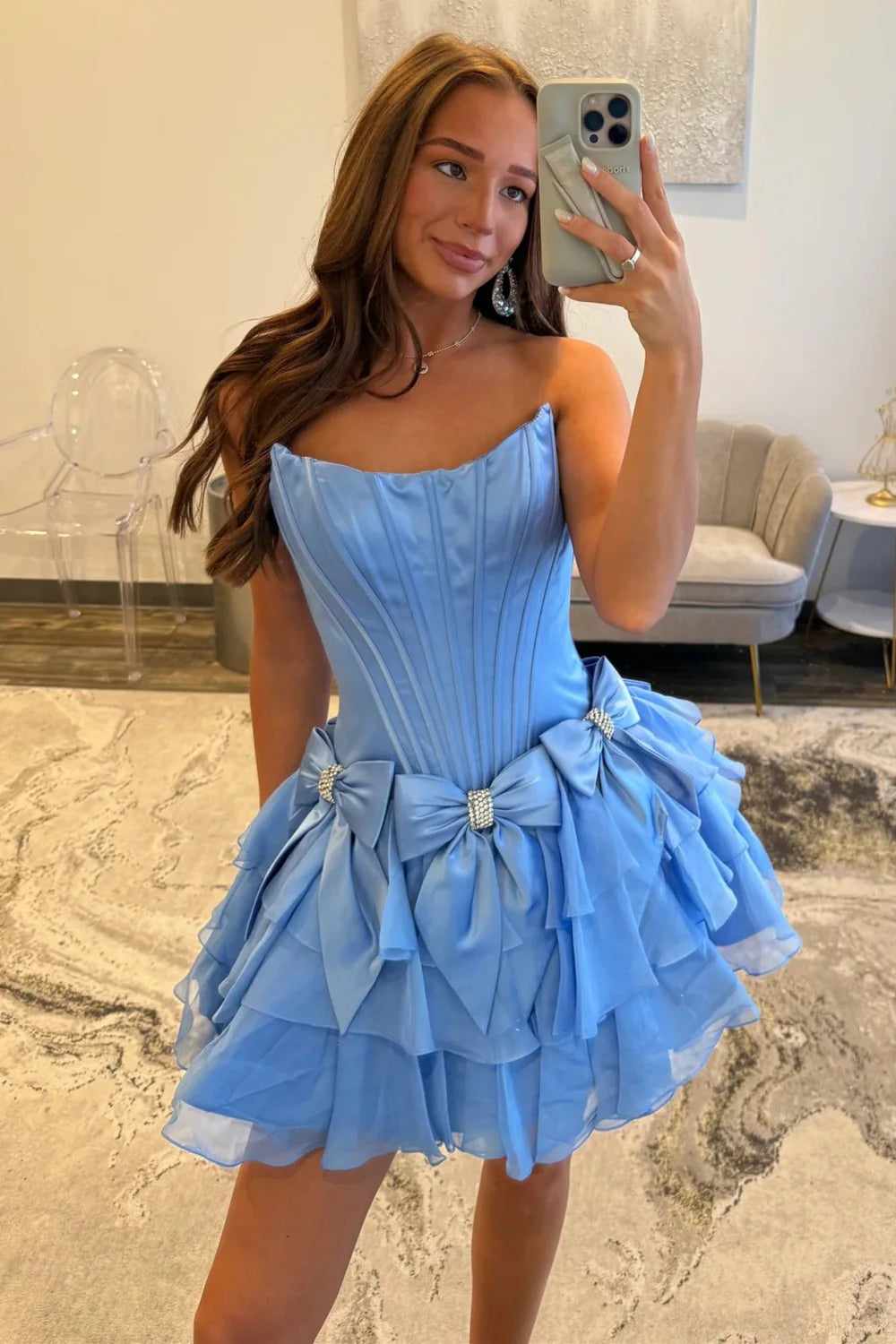 Strapless Ruffle Tiered Homecoming Dress with Satin Bows and Rhinestone Accents AS070