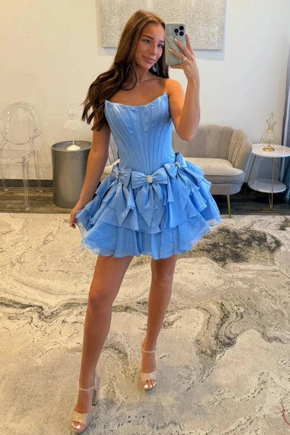 Strapless Ruffle Tiered Homecoming Dress with Satin Bows and Rhinestone Accents AS070