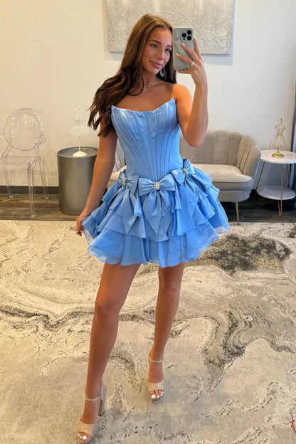 Strapless Ruffle Tiered Homecoming Dress with Satin Bows and Rhinestone Accents AS070