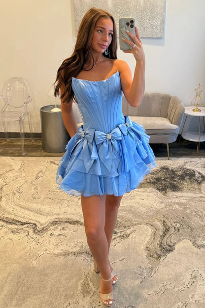 Strapless Ruffle Tiered Homecoming Dress with Satin Bows and Rhinestone Accents AS070