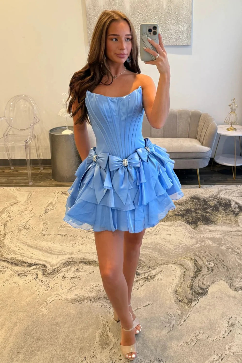 Strapless Ruffle Tiered Homecoming Dress with Satin Bows and Rhinestone Accents AS070