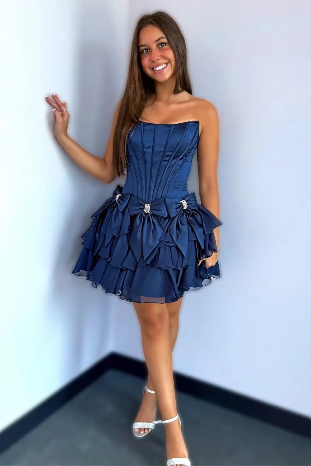 Strapless Ruffle Tiered Homecoming Dress with Satin Bows and Rhinestone Accents AS070