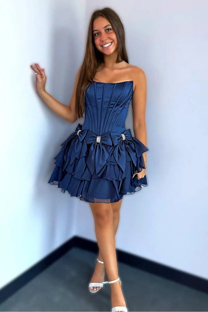 Strapless Ruffle Tiered Homecoming Dress with Satin Bows and Rhinestone Accents AS070