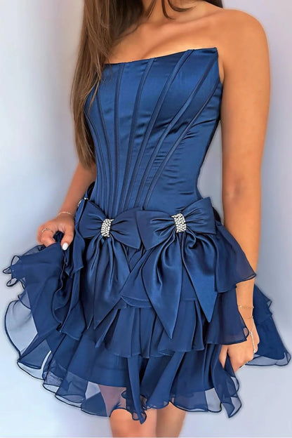 Strapless Ruffle Tiered Homecoming Dress with Satin Bows and Rhinestone Accents AS070