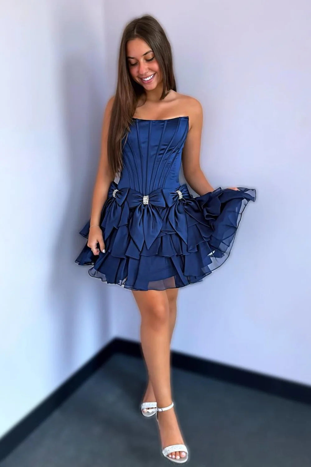 Strapless Ruffle Tiered Homecoming Dress with Satin Bows and Rhinestone Accents AS070