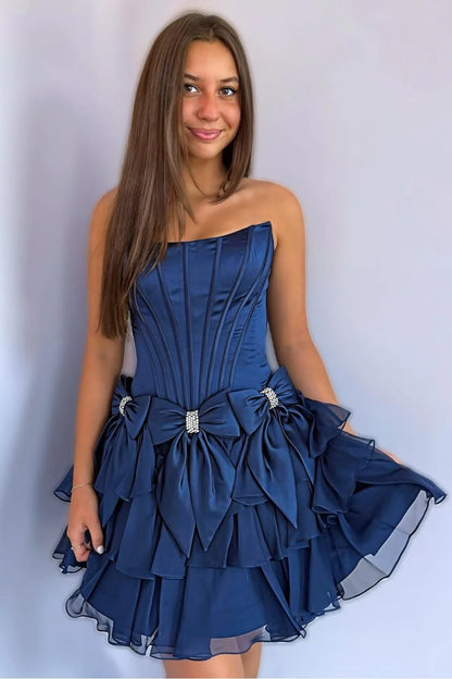 Strapless Ruffle Tiered Homecoming Dress with Satin Bows and Rhinestone Accents AS070