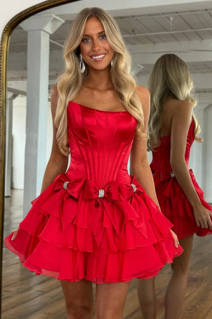 Strapless Ruffle Tiered Homecoming Dress with Satin Bows and Rhinestone Accents AS070