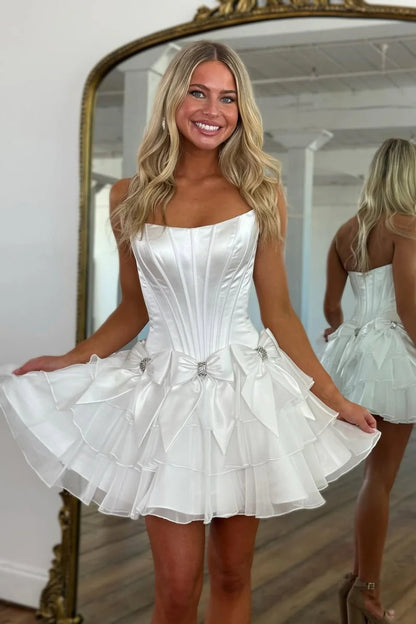Strapless Ruffle Tiered Homecoming Dress with Satin Bows and Rhinestone Accents AS070