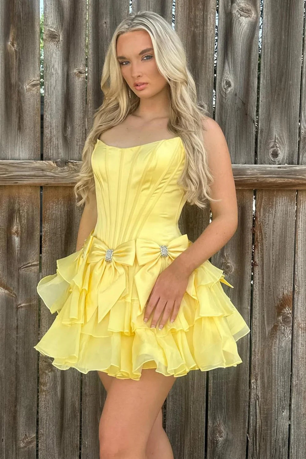 Strapless Ruffle Tiered Homecoming Dress with Satin Bows and Rhinestone Accents AS070