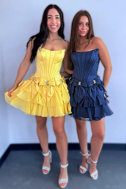 Strapless Ruffle Tiered Homecoming Dress with Satin Bows and Rhinestone Accents AS070