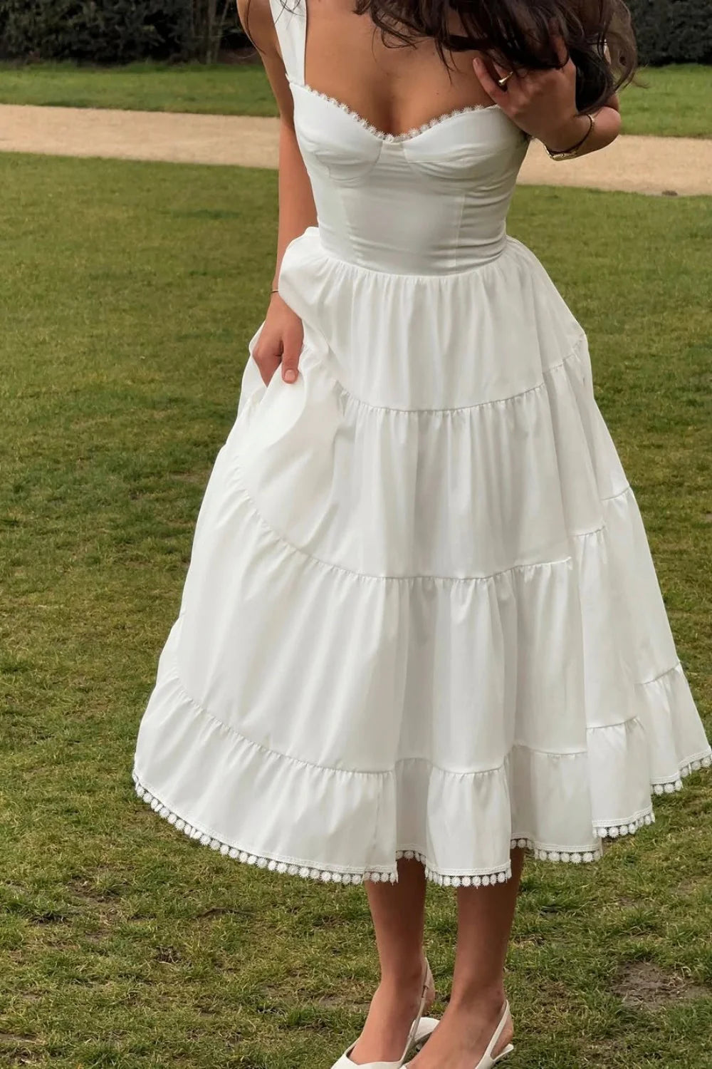 Elegant White A-Line Sweetheart Tiered Midi Homecoming Party Dress AS071