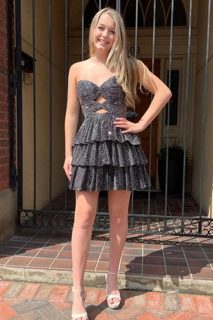 Sparkly A-Line Beaded Tiered Mini Hoco Dress with Cutout Bodice and Lace-Up Back AS074