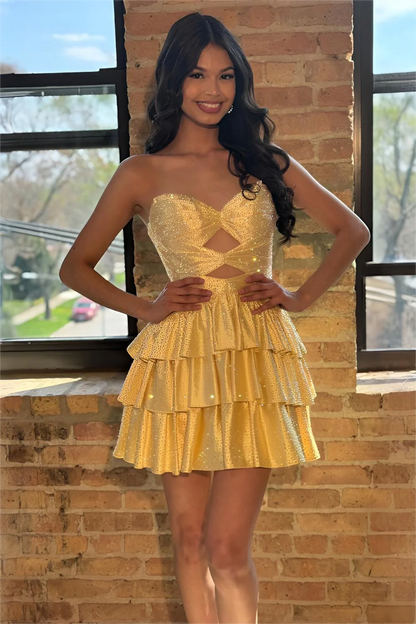 Sparkly A-Line Beaded Tiered Mini Hoco Dress with Cutout Bodice and Lace-Up Back AS074