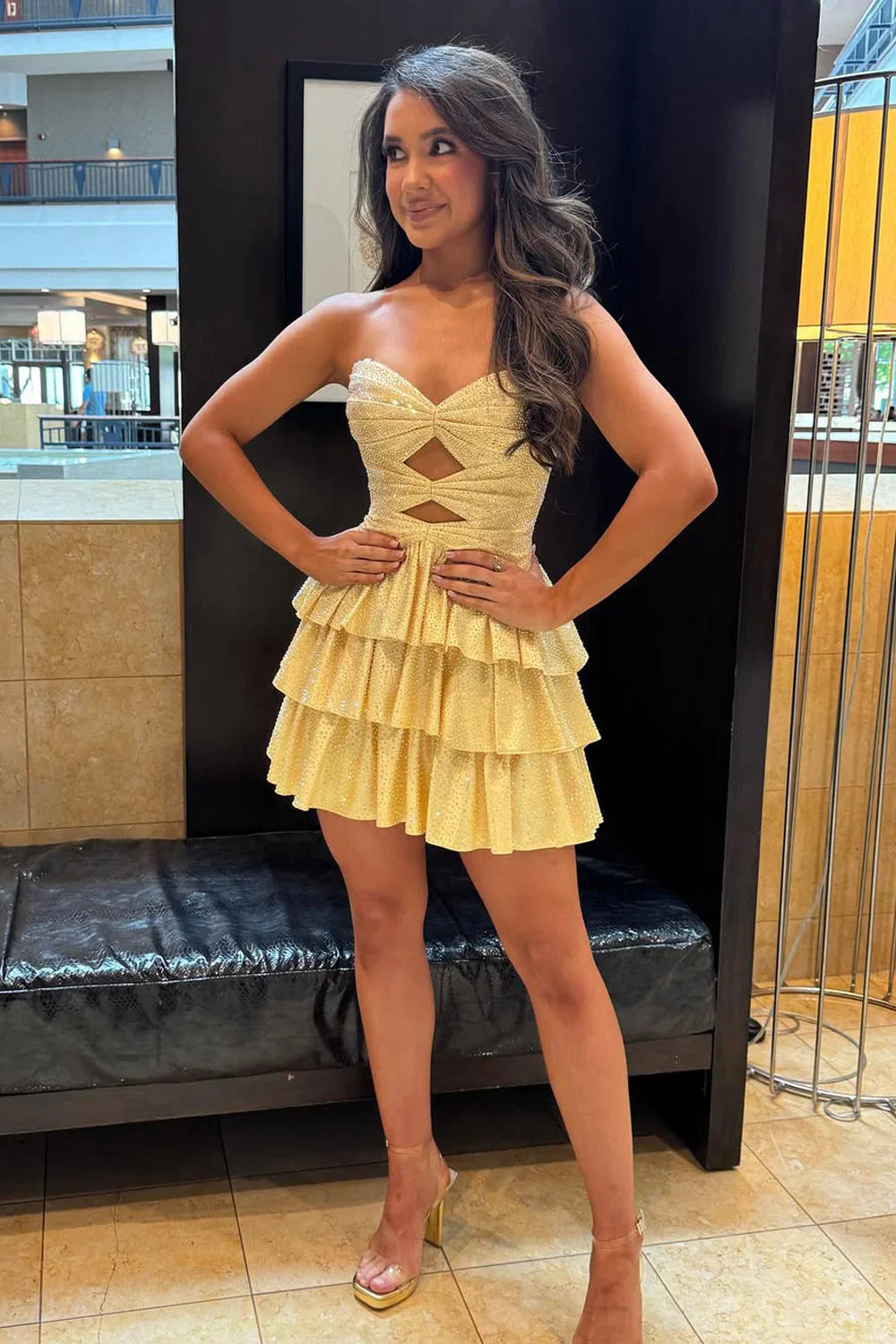 Sparkly A-Line Beaded Tiered Mini Hoco Dress with Cutout Bodice and Lace-Up Back AS074