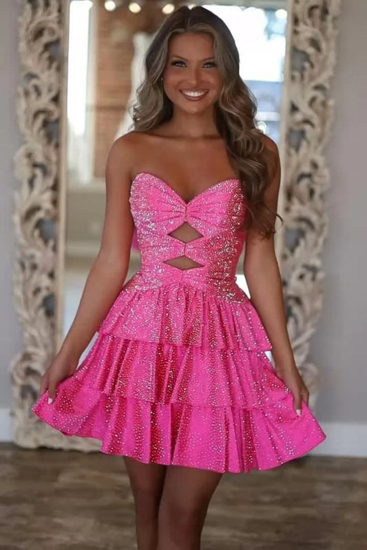 Sparkly A-Line Beaded Tiered Mini Hoco Dress with Cutout Bodice and Lace-Up Back AS074
