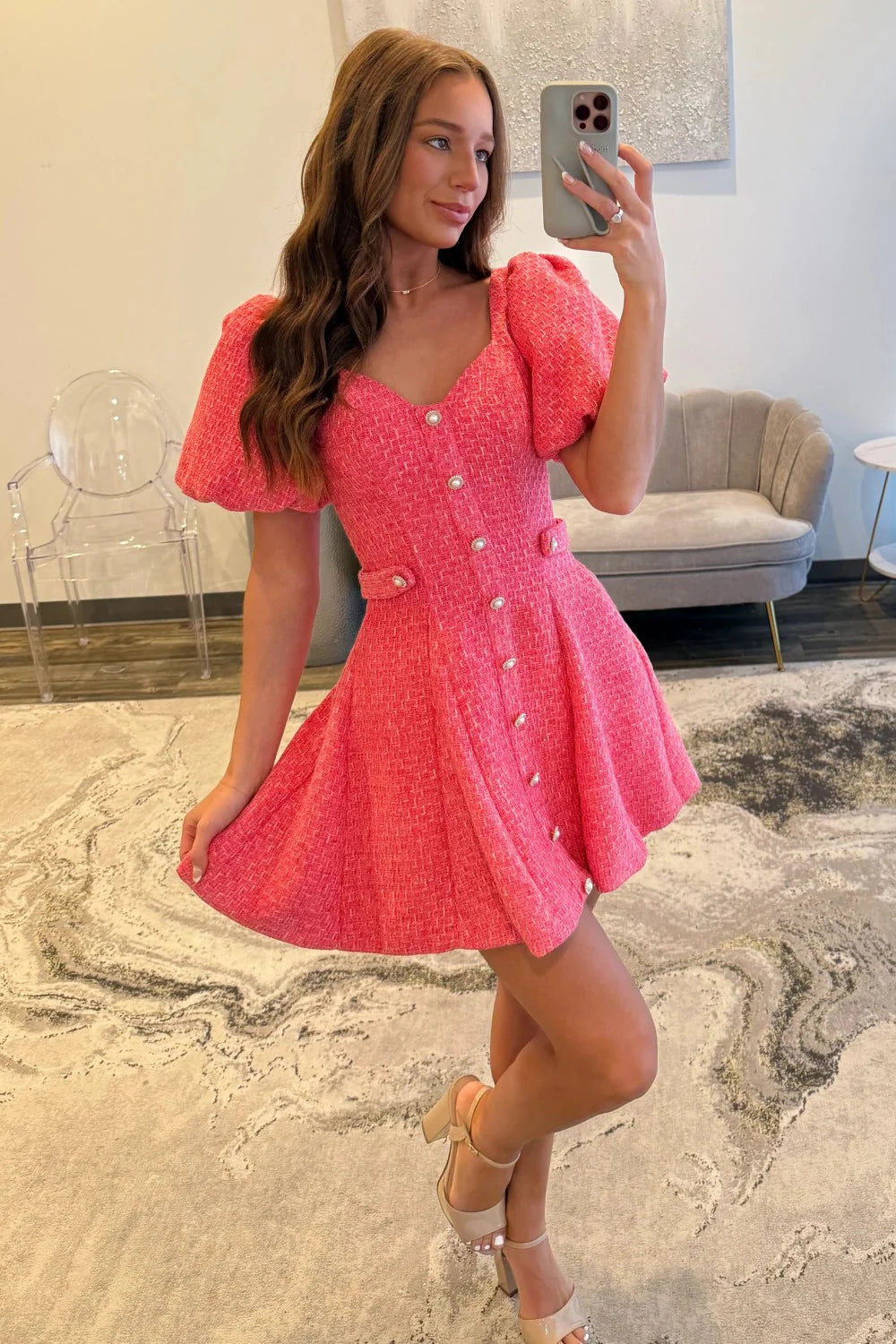 Pink Tweed Puff Sleeve Homecoming Dress with Pearl Buttons and Fit Flare Silhouette AS076