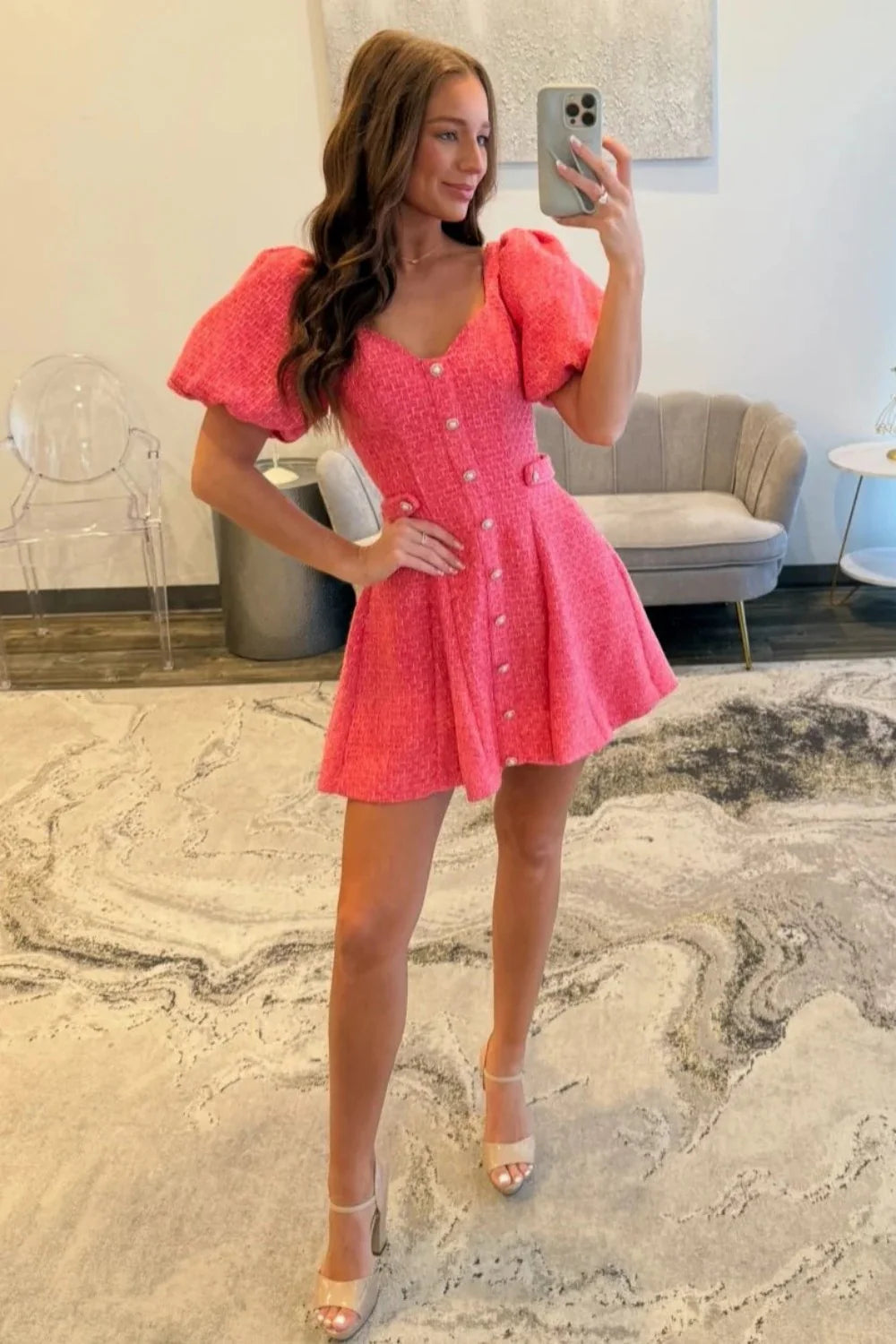 Pink Tweed Puff Sleeve Homecoming Dress with Pearl Buttons and Fit Flare Silhouette AS076