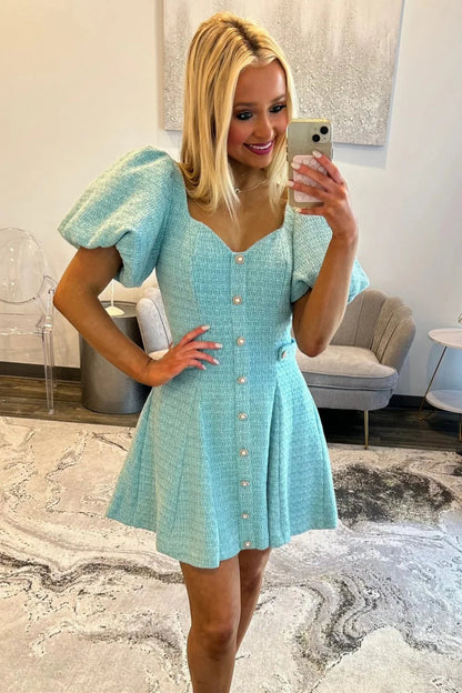 Pink Tweed Puff Sleeve Homecoming Dress with Pearl Buttons and Fit Flare Silhouette AS076