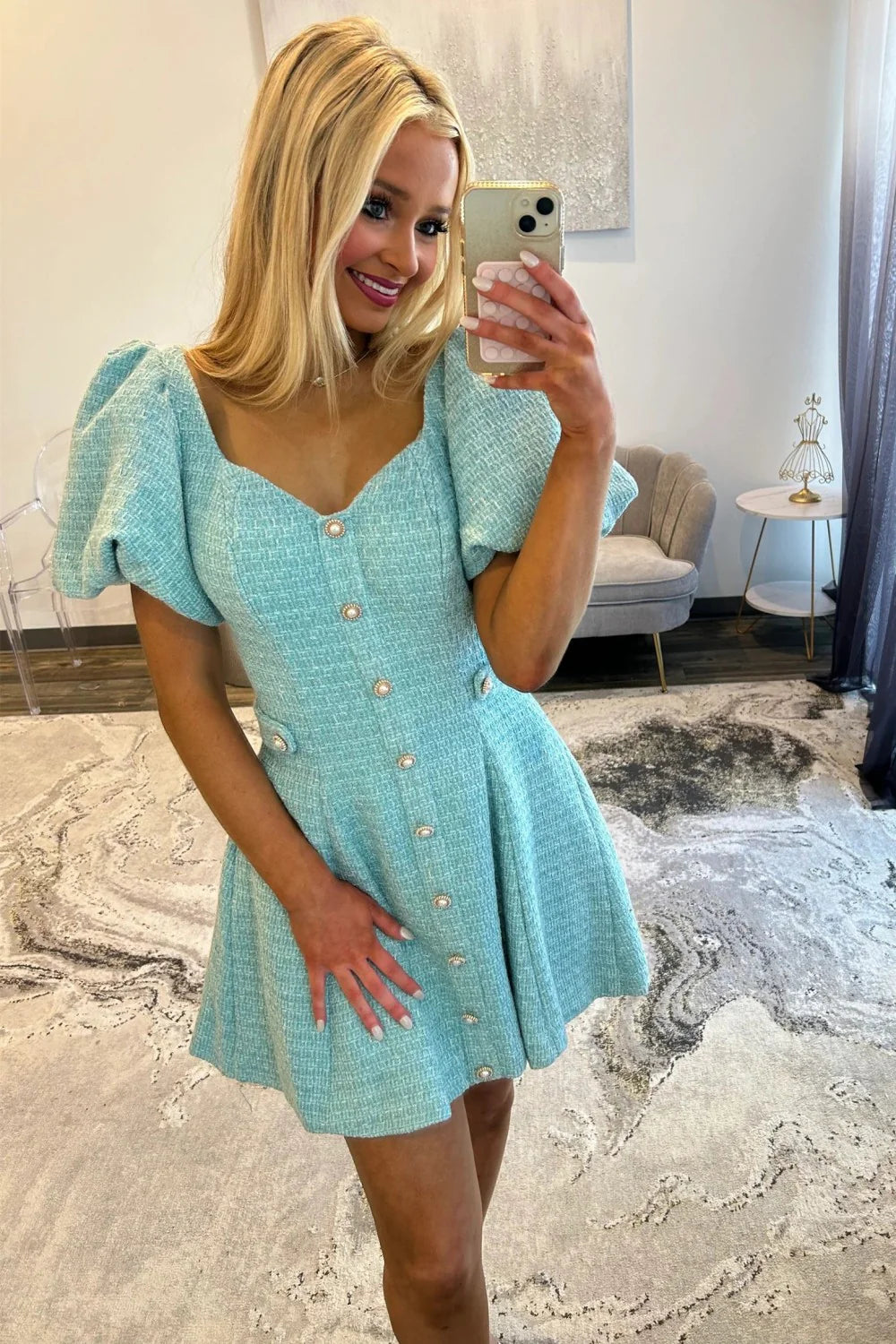 Pink Tweed Puff Sleeve Homecoming Dress with Pearl Buttons and Fit Flare Silhouette AS076