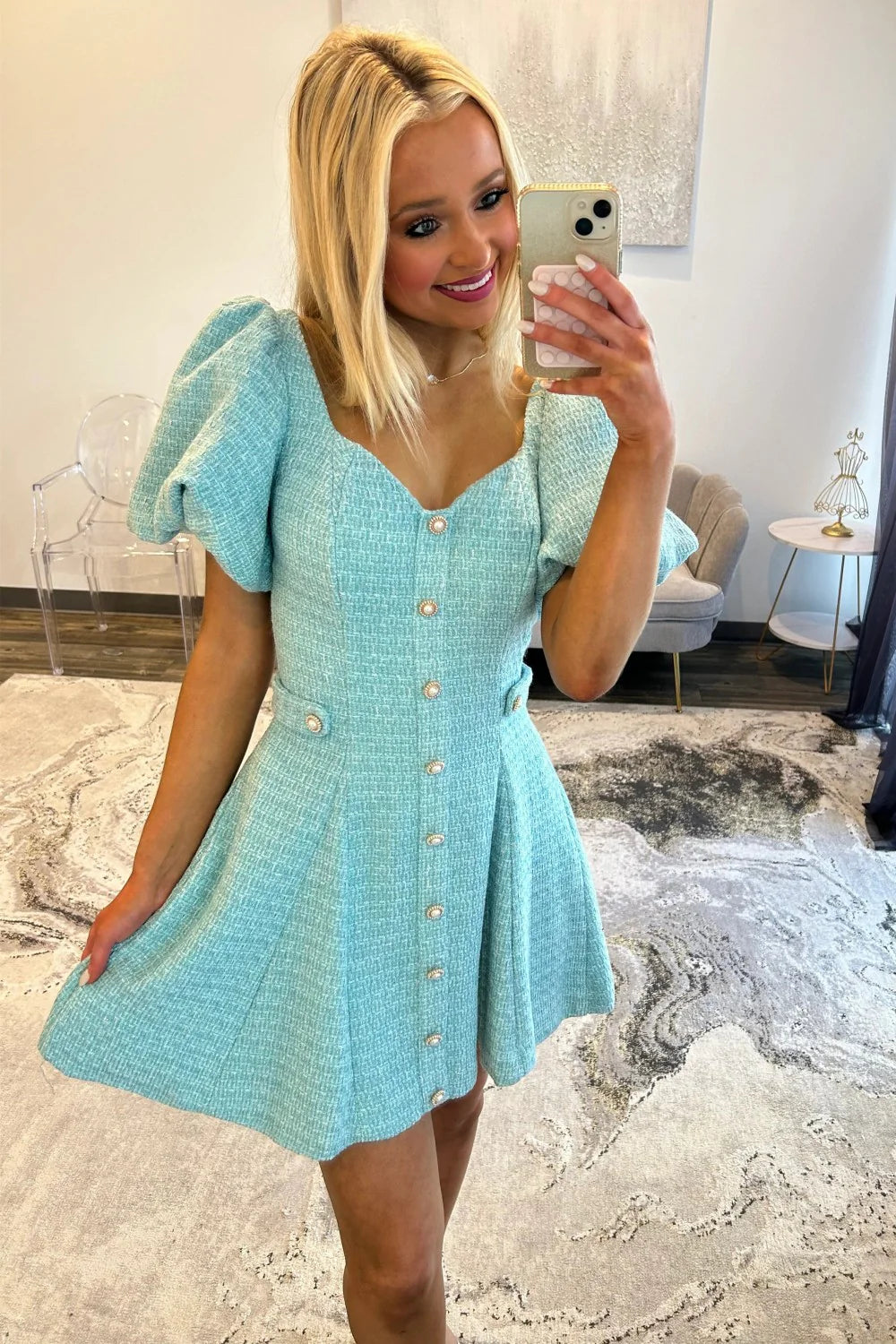 Pink Tweed Puff Sleeve Homecoming Dress with Pearl Buttons and Fit Flare Silhouette AS076