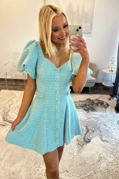 Pink Tweed Puff Sleeve Homecoming Dress with Pearl Buttons and Fit Flare Silhouette AS076