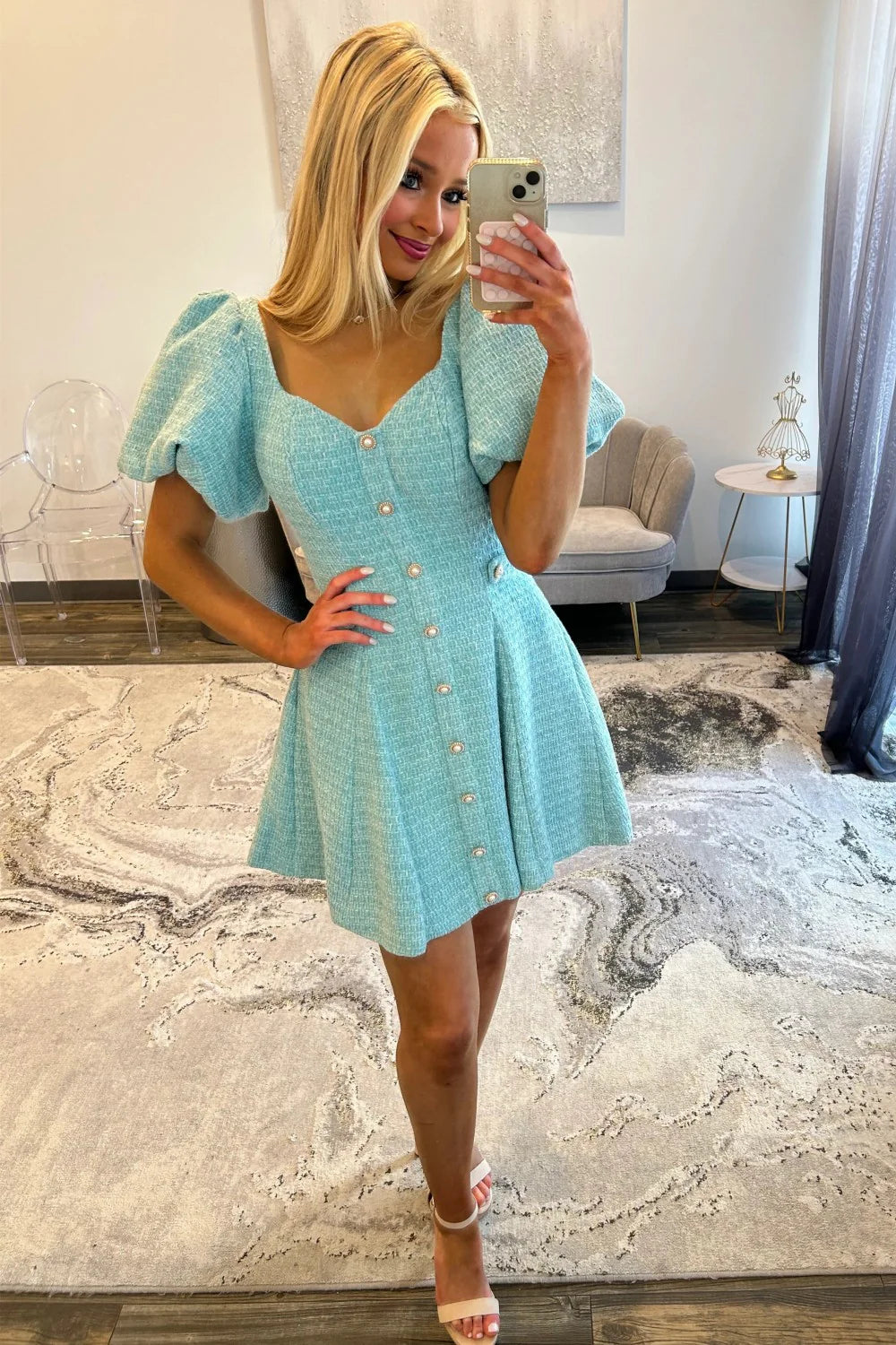 Pink Tweed Puff Sleeve Homecoming Dress with Pearl Buttons and Fit Flare Silhouette AS076