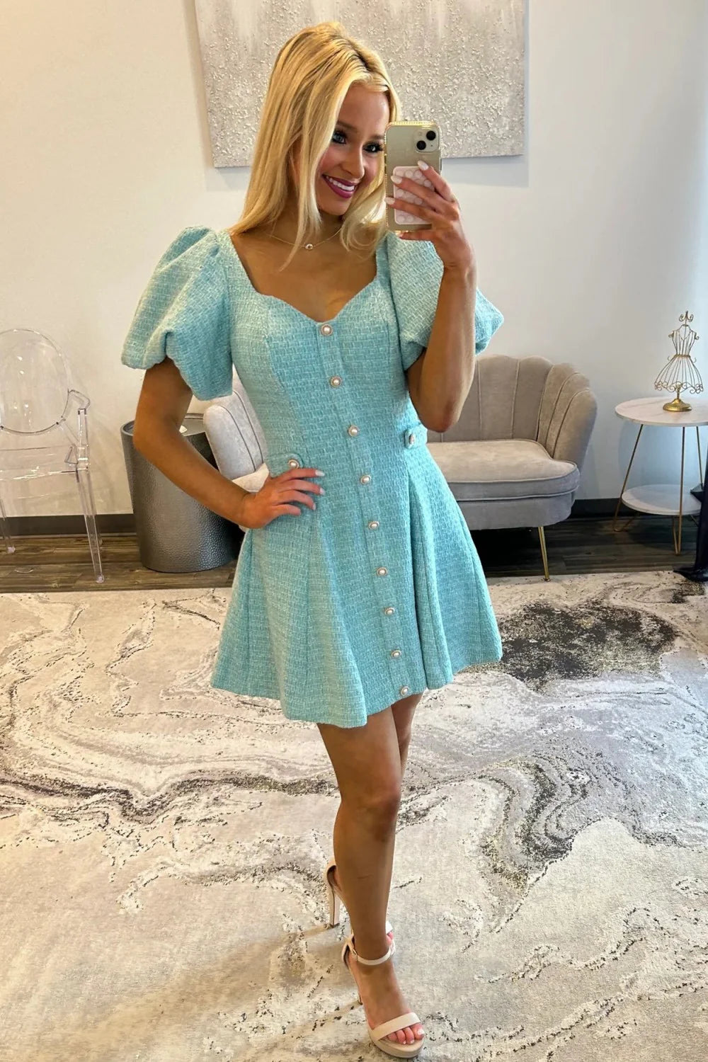 Pink Tweed Puff Sleeve Homecoming Dress with Pearl Buttons and Fit Flare Silhouette AS076