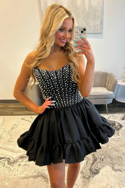 Sweet Pink A-Line Strapless Short Satin Homecoming Dress with Pearls AS077