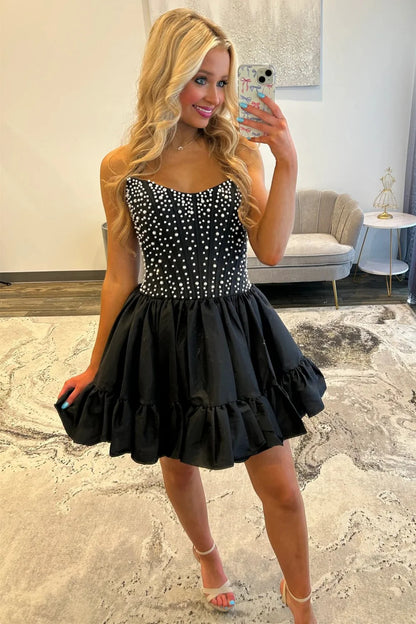 Sweet Pink A-Line Strapless Short Satin Homecoming Dress with Pearls AS077