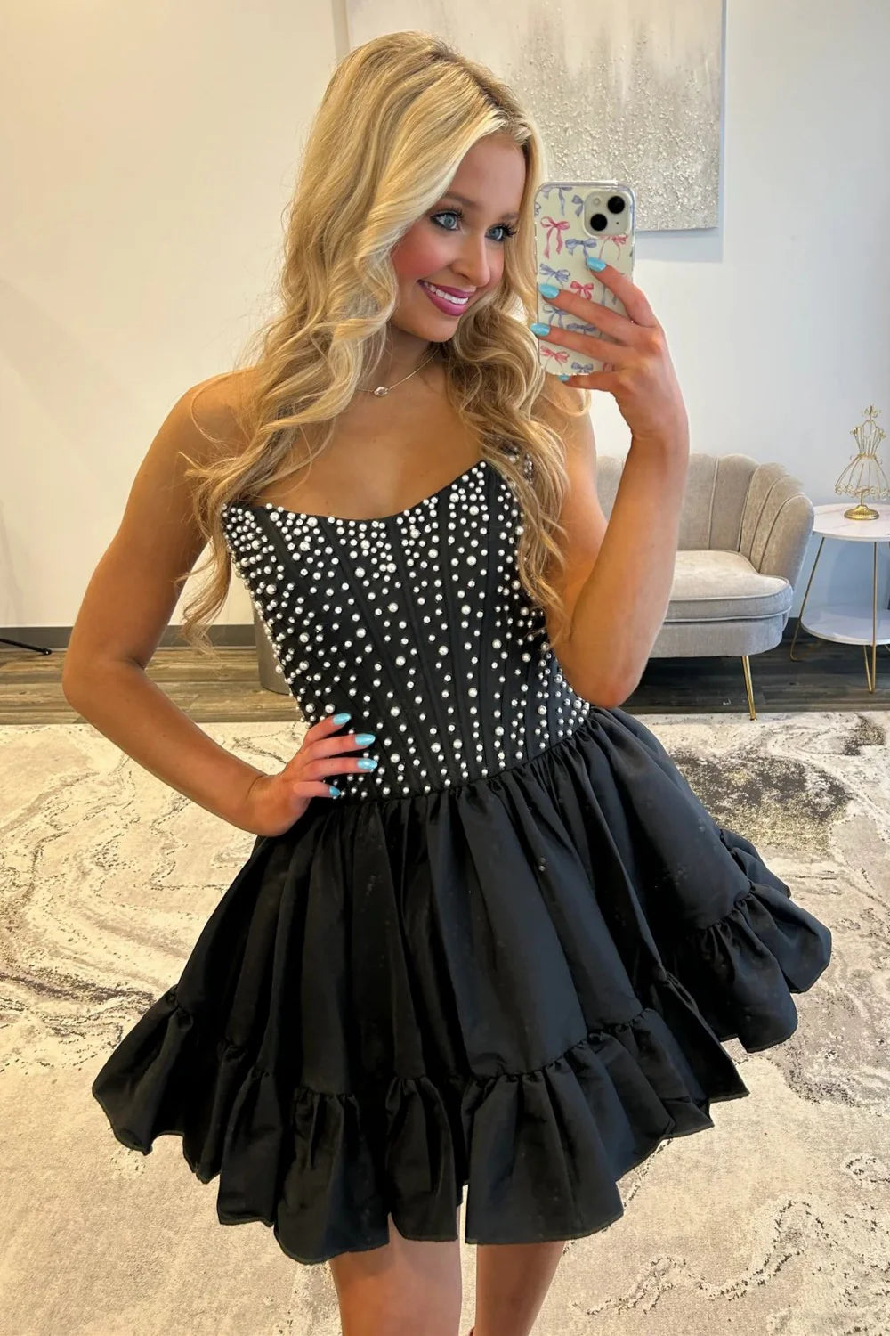 Sweet Pink A-Line Strapless Short Satin Homecoming Dress with Pearls AS077