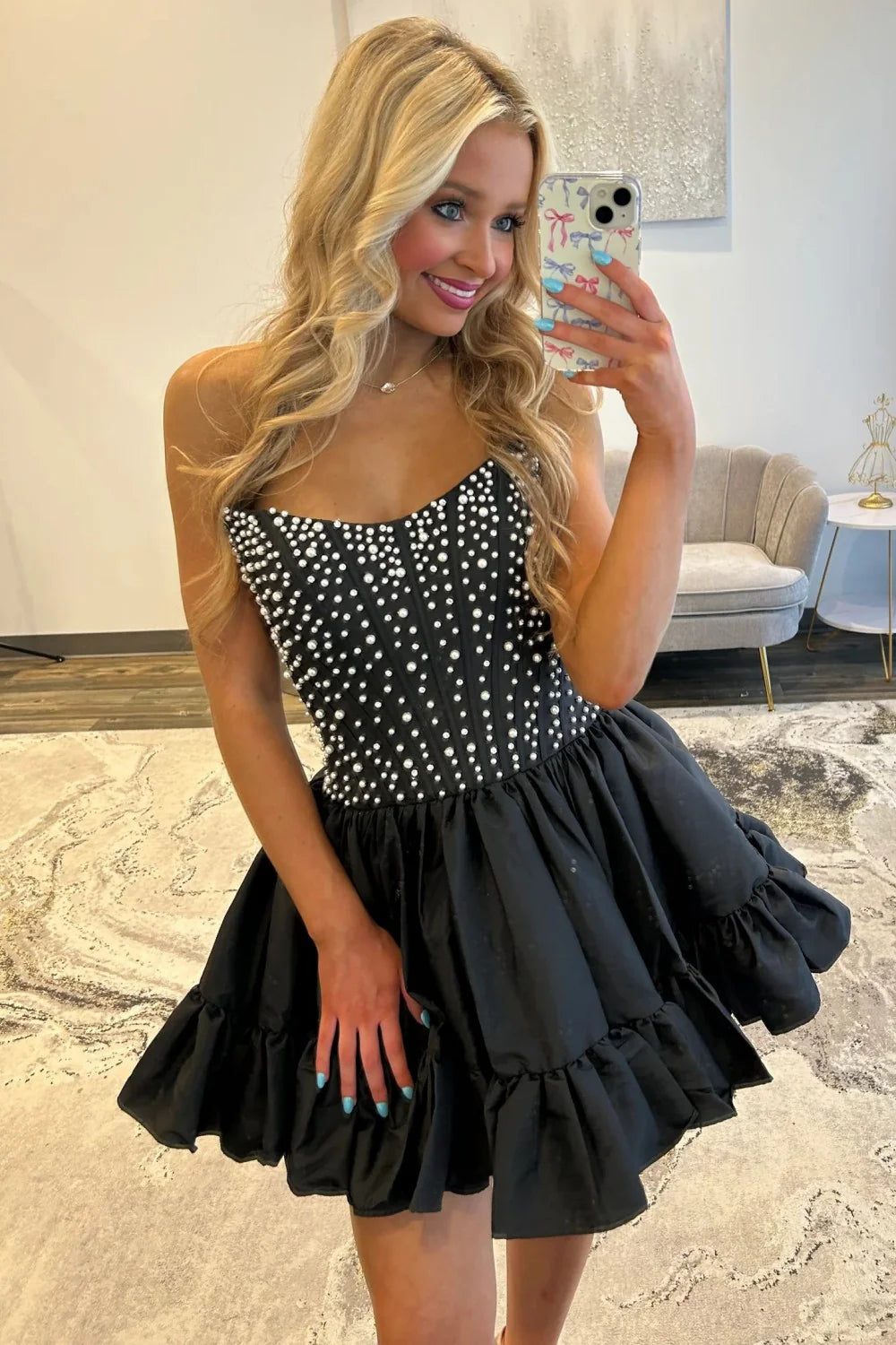 Sweet Pink A-Line Strapless Short Satin Homecoming Dress with Pearls AS077