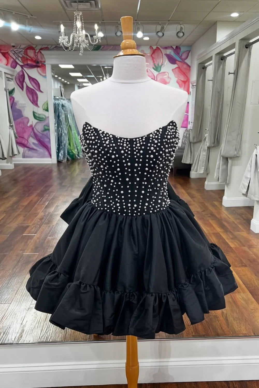 Sweet Pink A-Line Strapless Short Satin Homecoming Dress with Pearls AS077